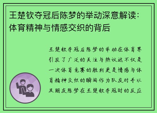 王楚钦夺冠后陈梦的举动深意解读：体育精神与情感交织的背后